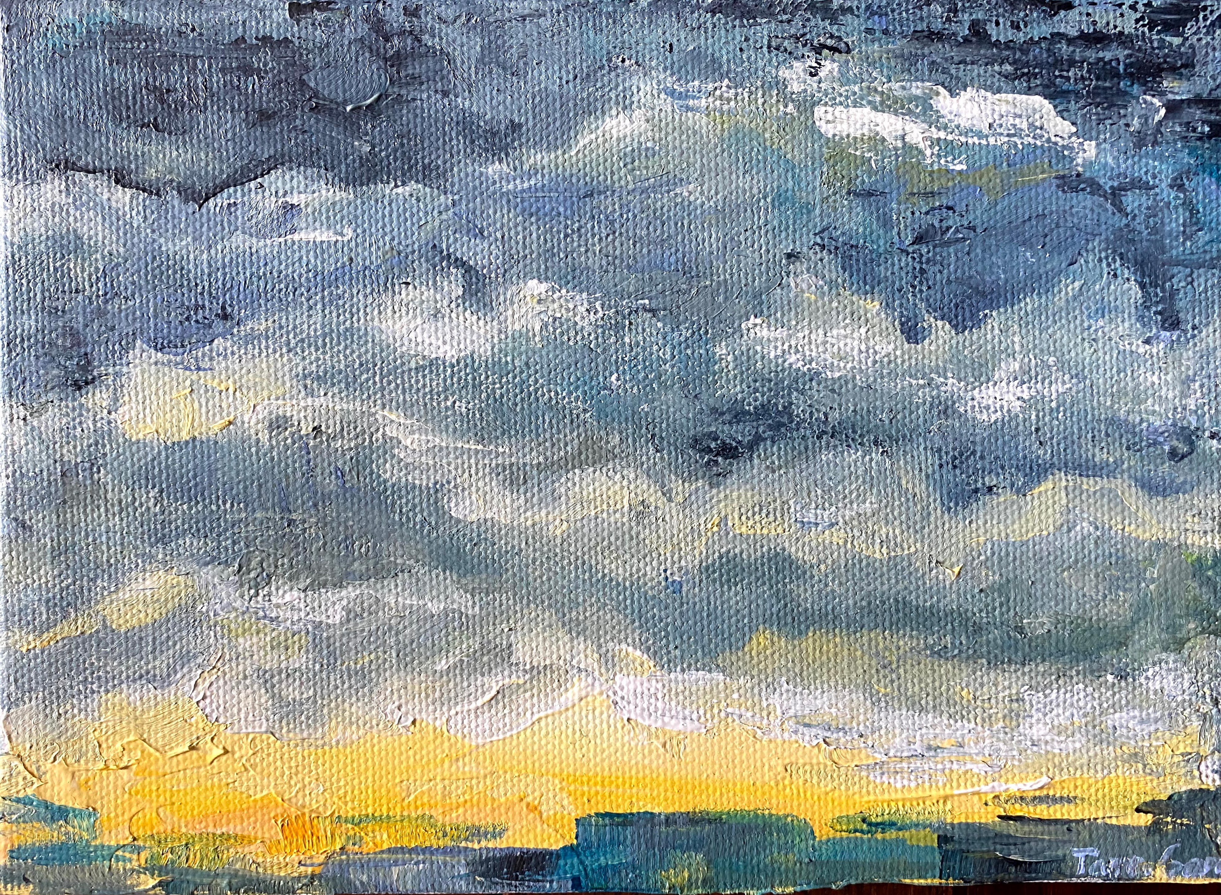 Acrylic painting of a cityscape at the approach of a storm.